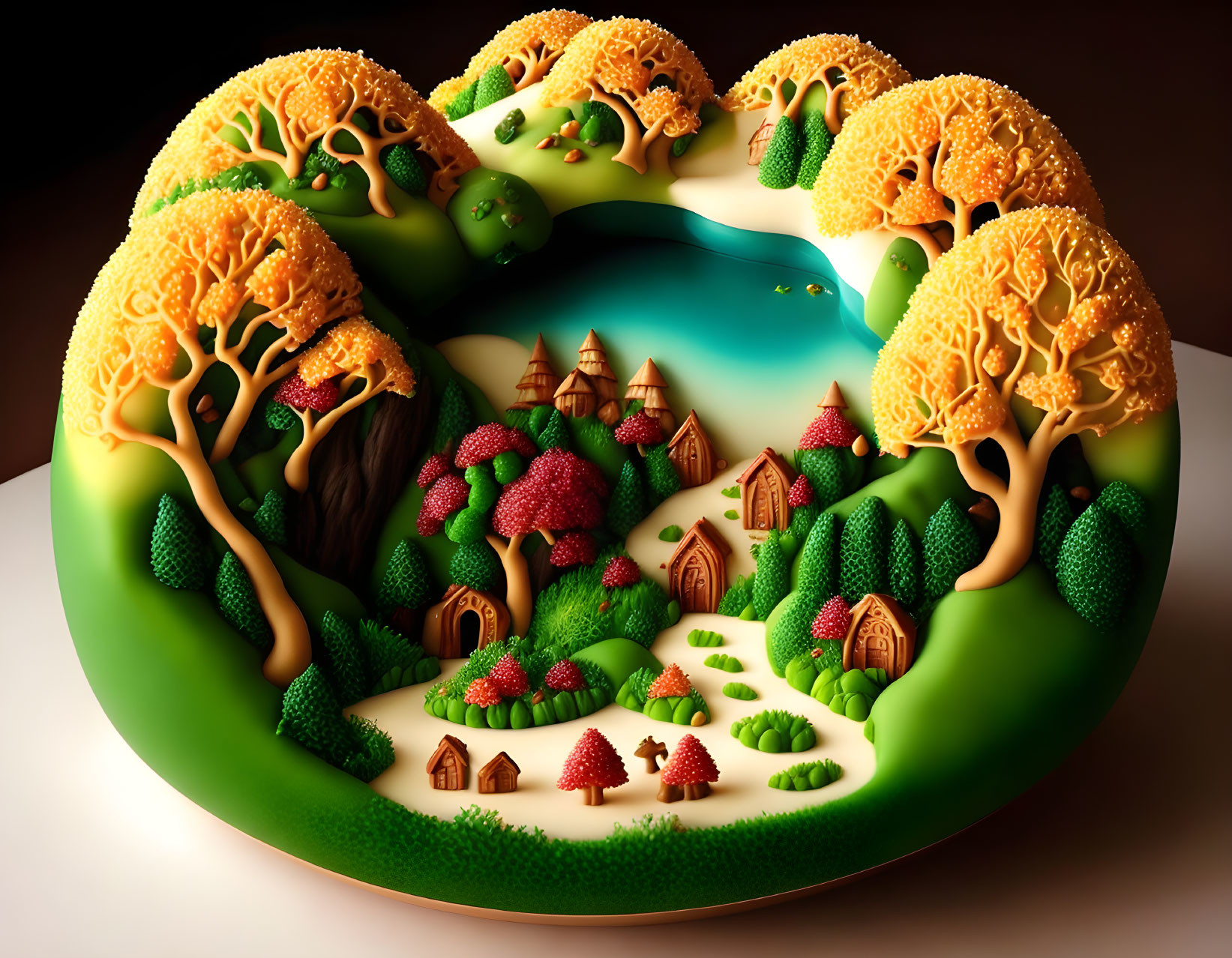 Intricately designed fairy-tale village cake with trees, houses, and lake on dark background