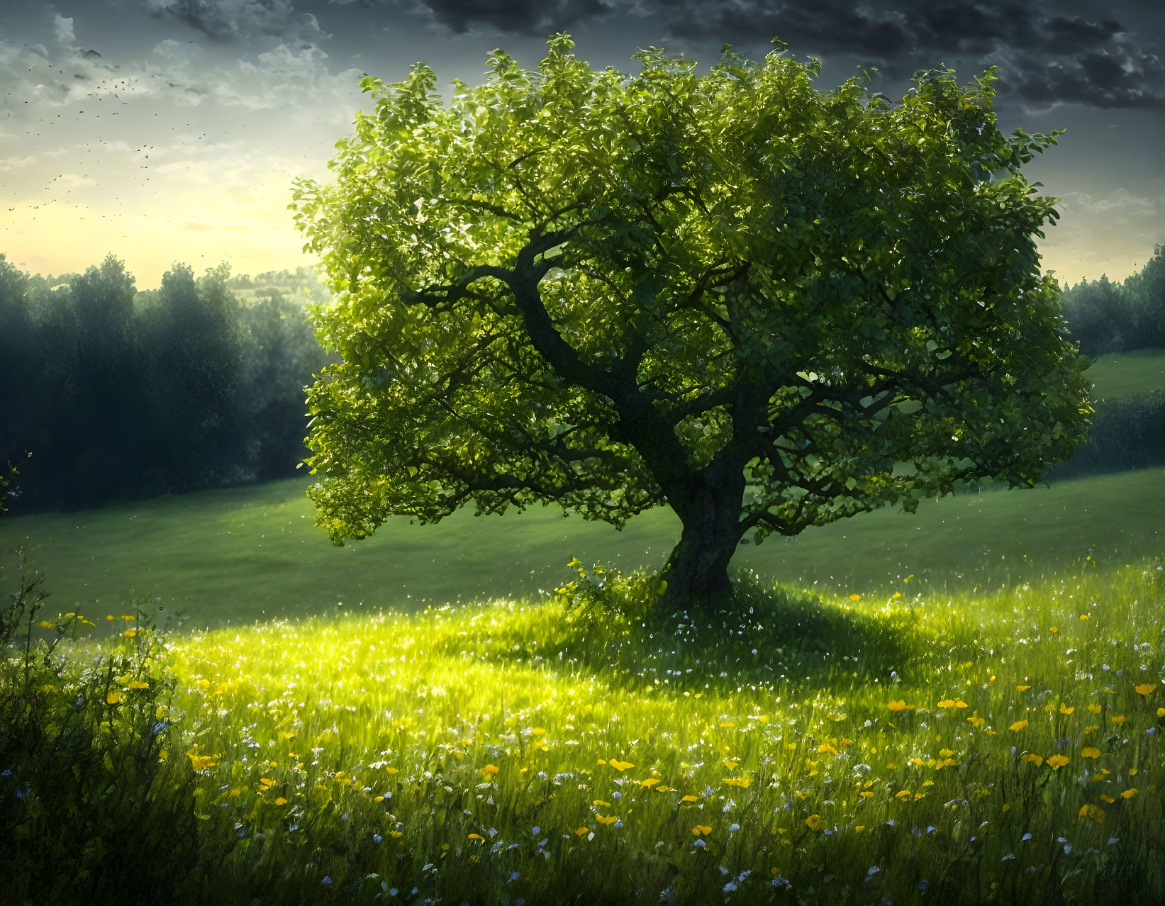 Lush solitary tree in sunlit meadow with yellow wildflowers