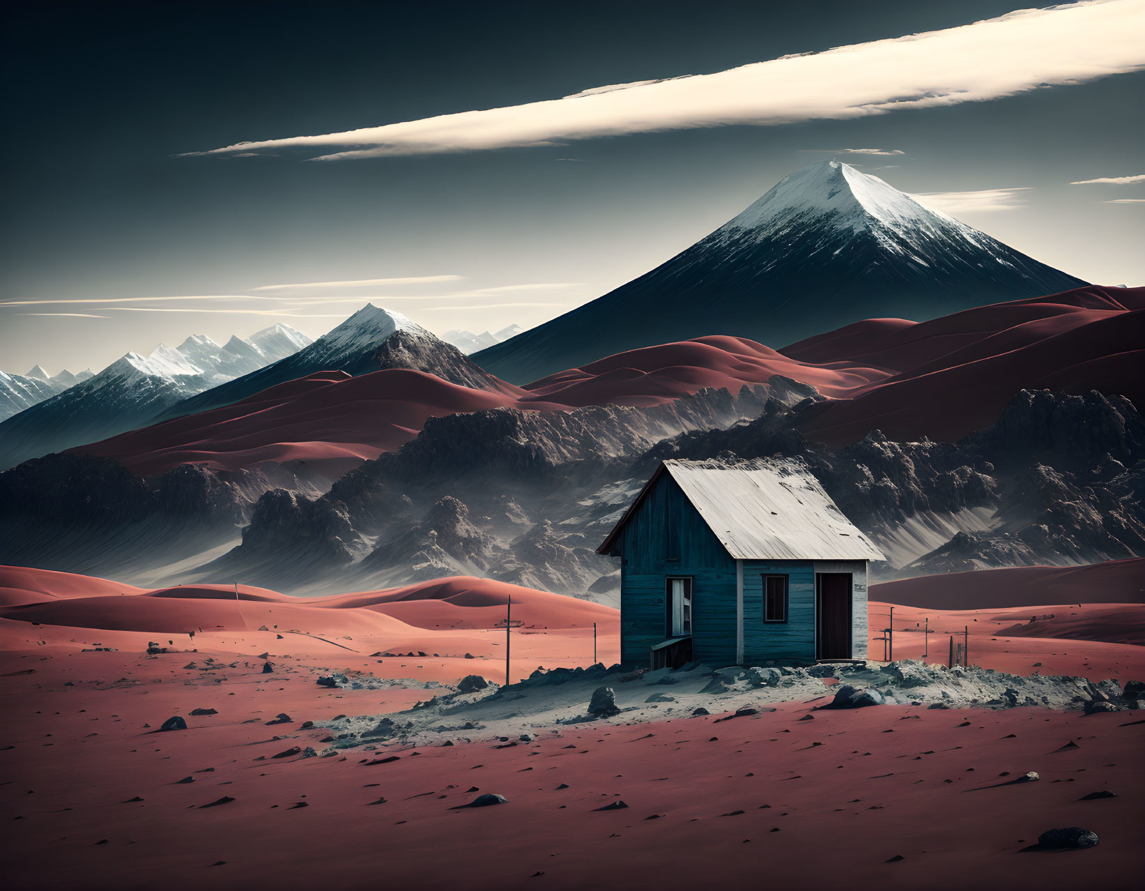 Wooden cabin in red desert with snow-capped mountains