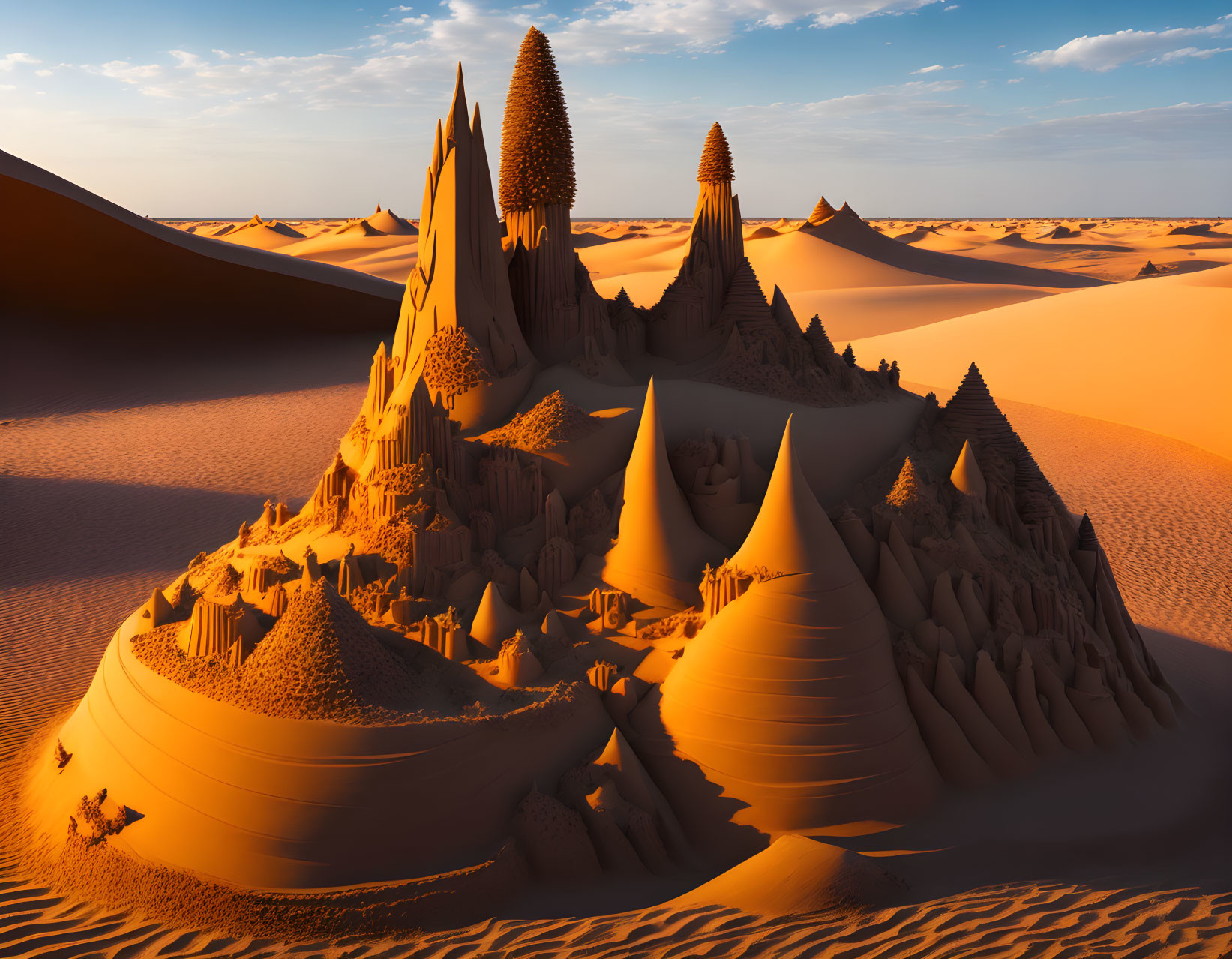 Sandcastle-like structures in desert landscape with towering spires and shadowed dunes