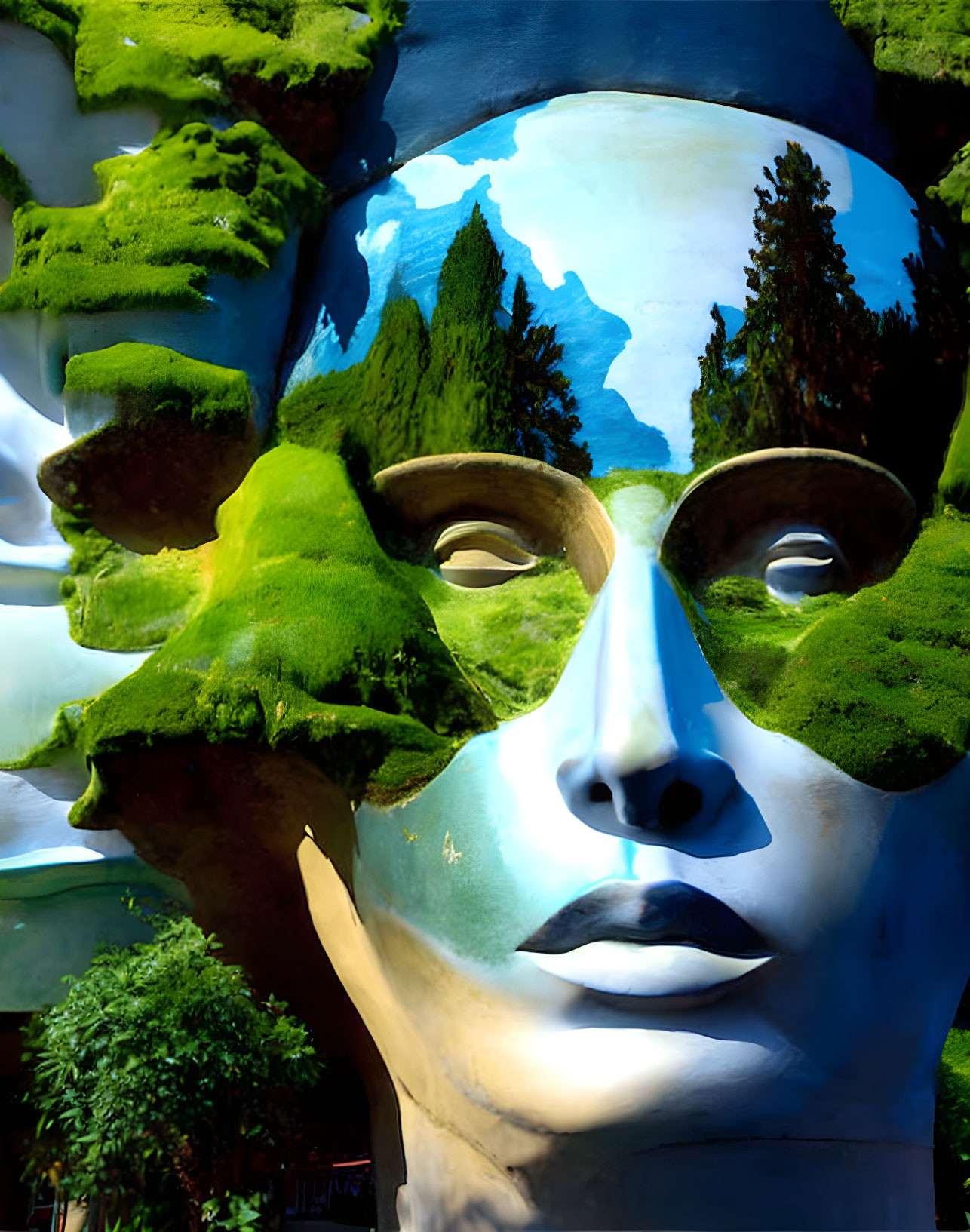 Sculpture of serene face adorned with greenery under blue sky