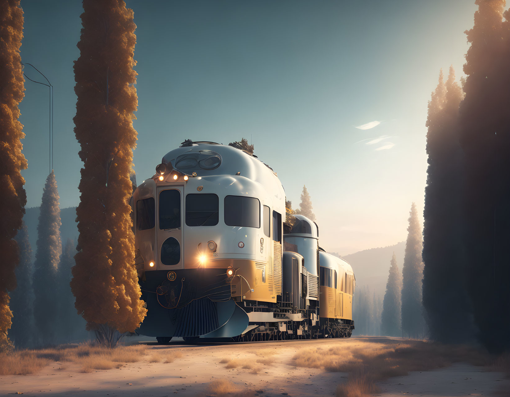 Vintage train journey through serene forest at sunrise or sunset