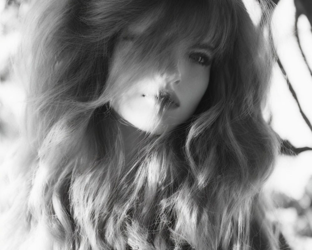 Monochrome portrait of person with voluminous hair and mysterious gaze