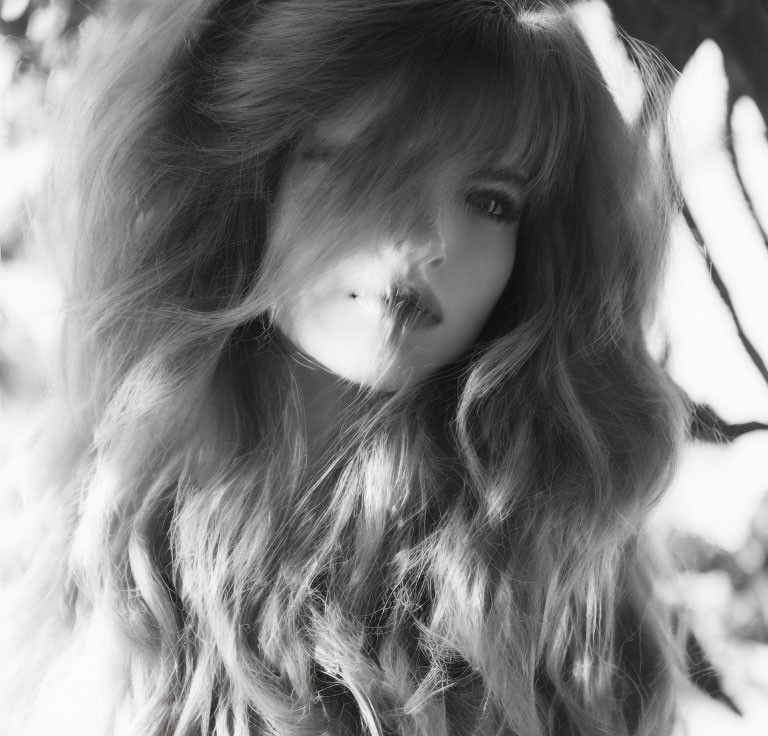 Monochrome portrait of person with voluminous hair and mysterious gaze