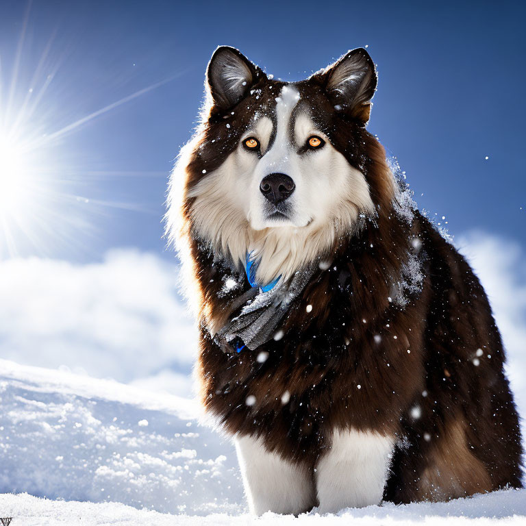 Majestic Alaskan Malamute Dog in Snow with Blue Collar