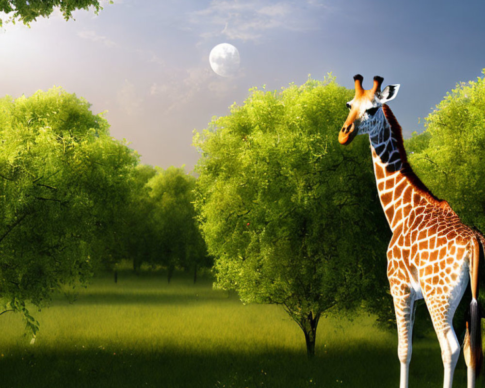 Giraffe in lush green meadow under bright moon sky