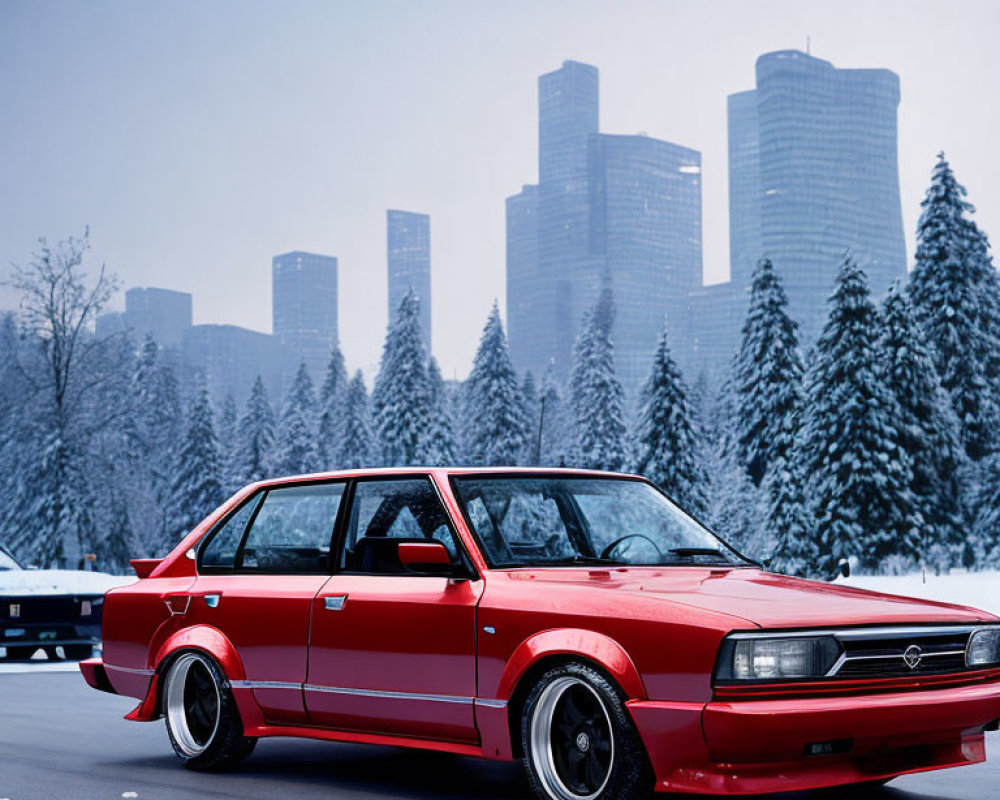 Vintage Red Sports Sedan Parked on Snowy Road with Modern Skyscrapers in Winter Landscape