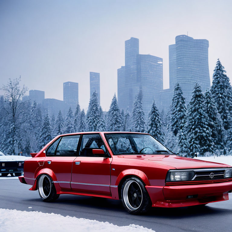 Vintage Red Sports Sedan Parked on Snowy Road with Modern Skyscrapers in Winter Landscape