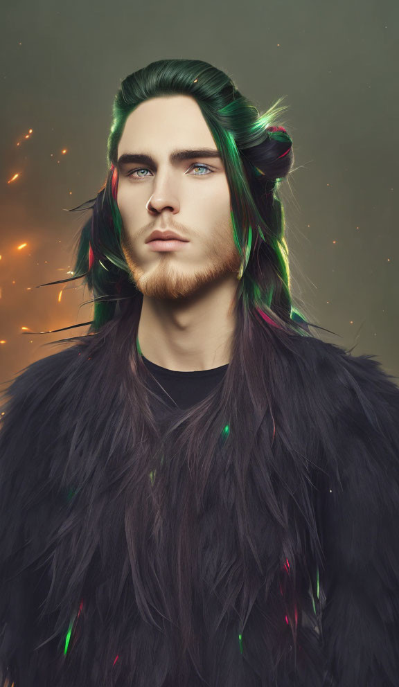 Man with Long Green Hair in Dark Fur Coat on Muted Sparkling Background