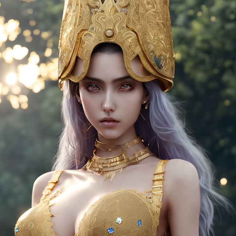 Digital artwork of woman with purple hair and gold armor in forest setting