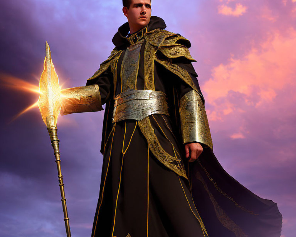 Person in Black and Gold Robes with Glowing Spear at Twilight