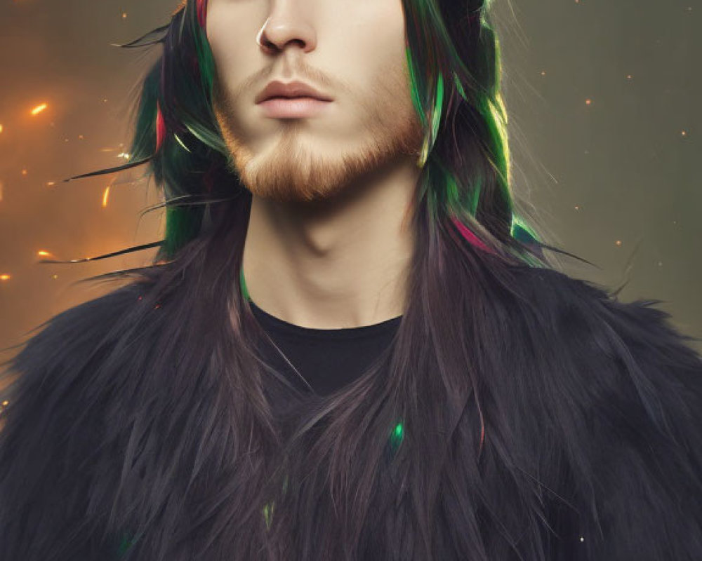 Man with Long Green Hair in Dark Fur Coat on Muted Sparkling Background