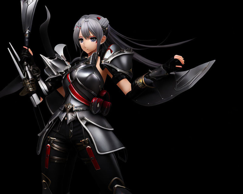 Female warrior in black and red armor with spear and shield on dark background