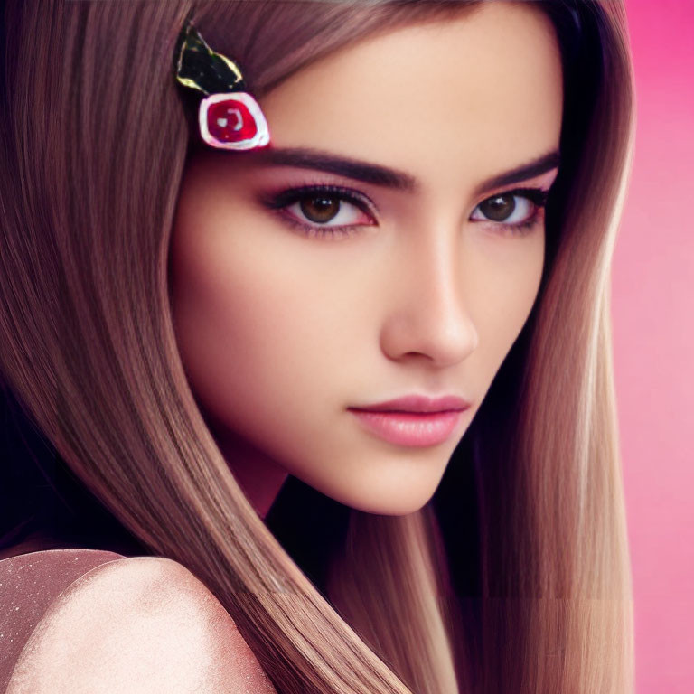 Detailed close-up portrait of woman with long straight hair and cherry accessory, gazing intensely on pink backdrop