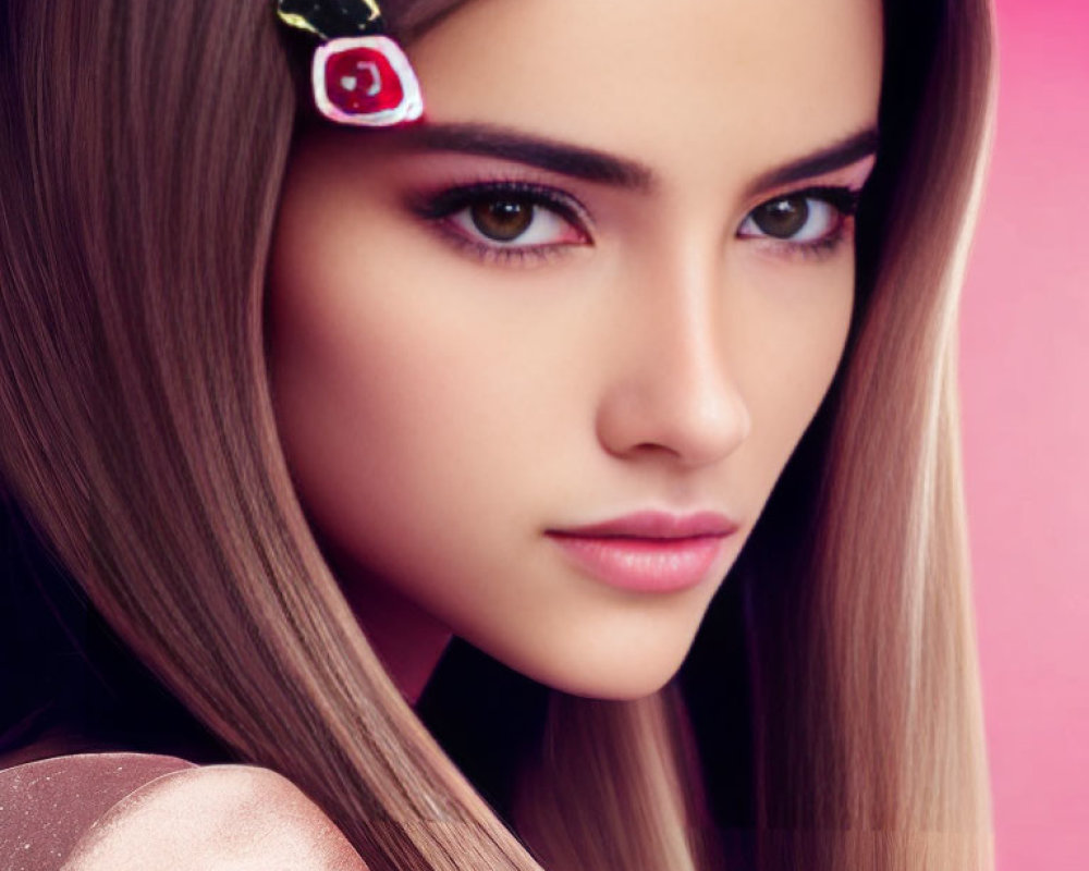 Detailed close-up portrait of woman with long straight hair and cherry accessory, gazing intensely on pink backdrop