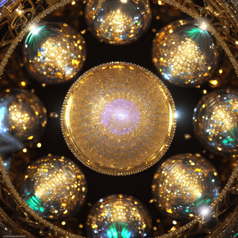 Intricate golden orbs with purple core on dark background