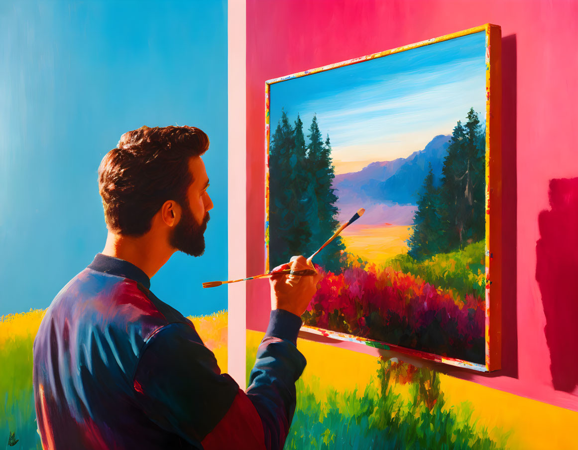 Man painting vibrant landscape on canvas with colorful contrast.