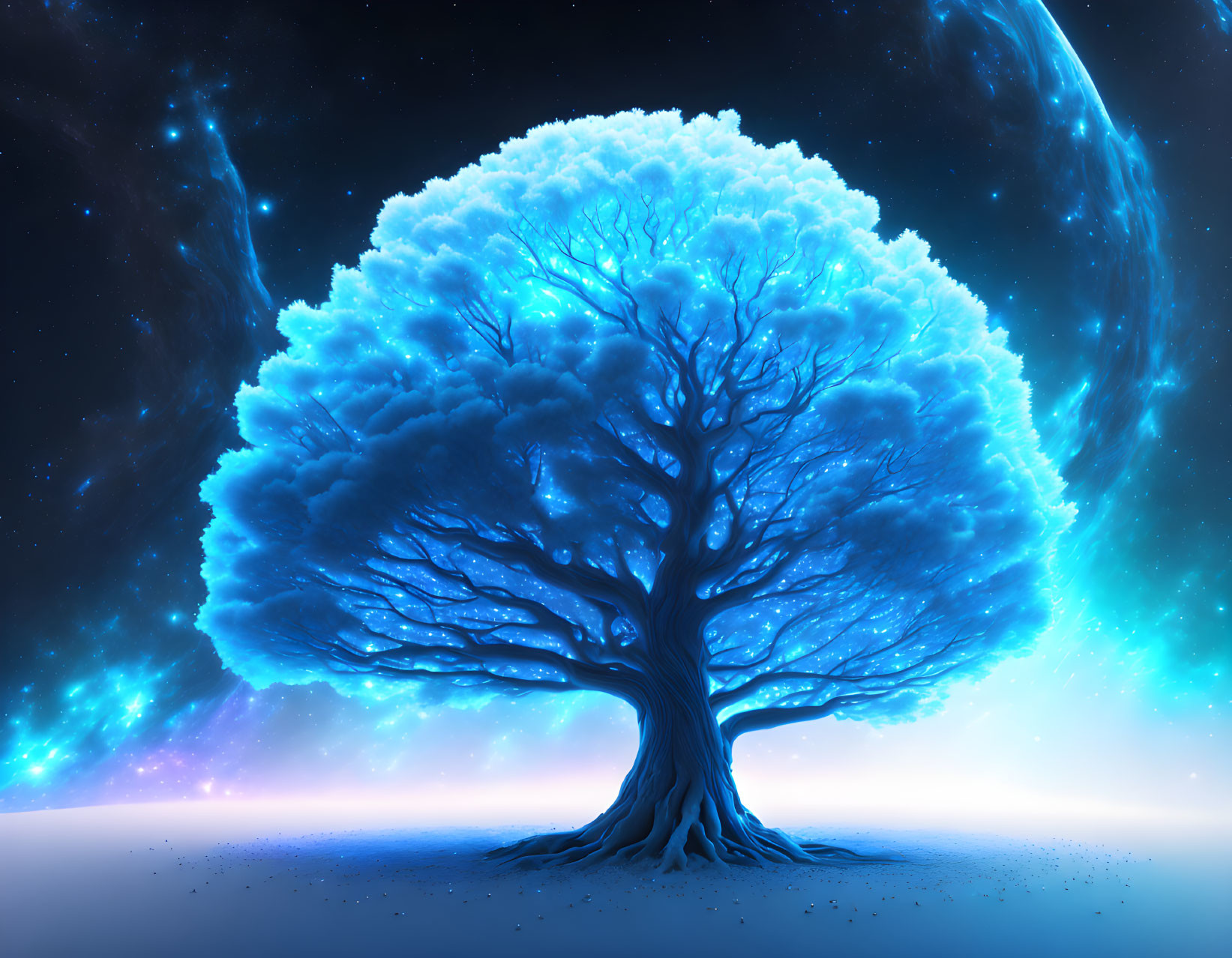 Blue Tree Under Starry Sky with Cosmic Energy: Otherworldly and Magical