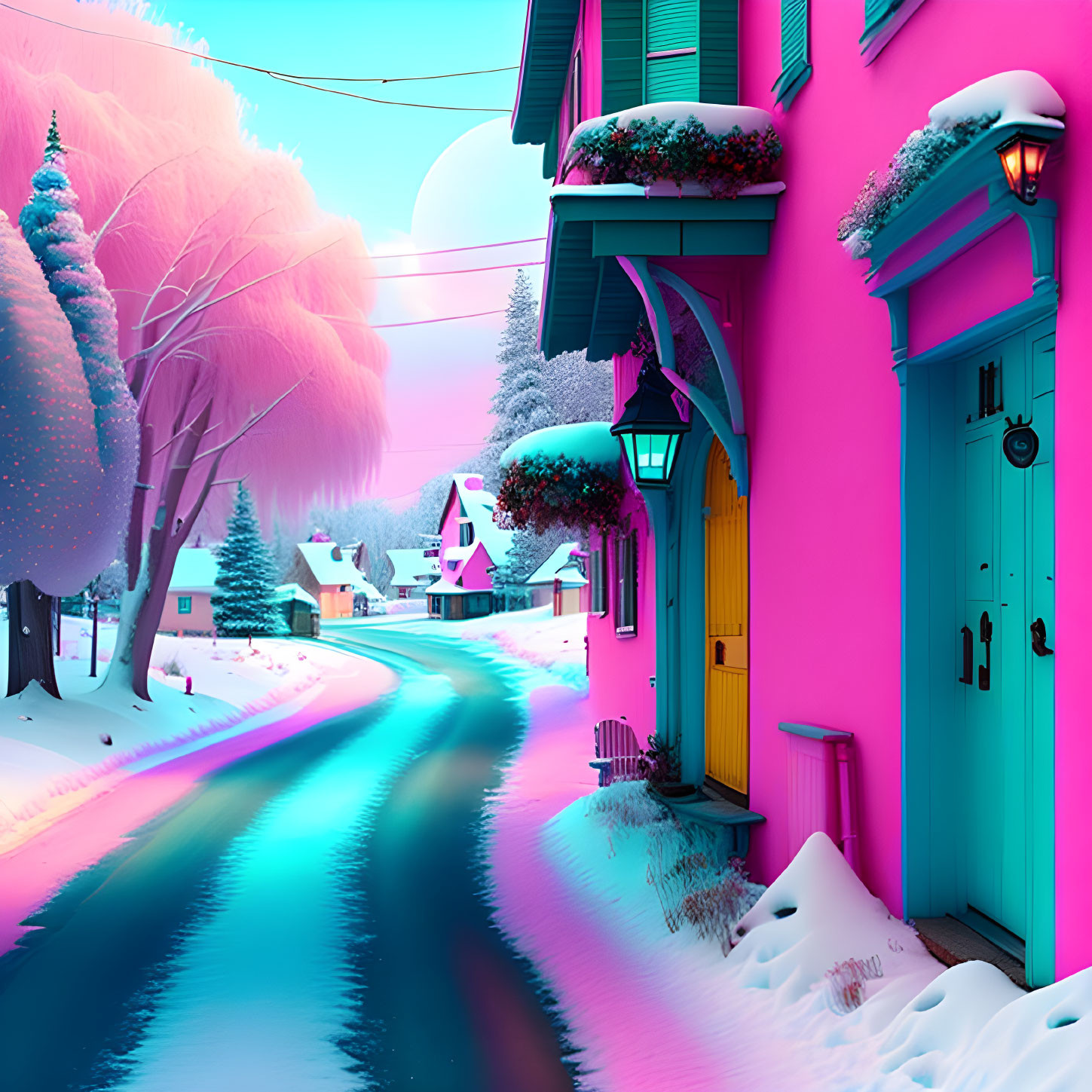 Colorful Snowy Village Street at Sunset