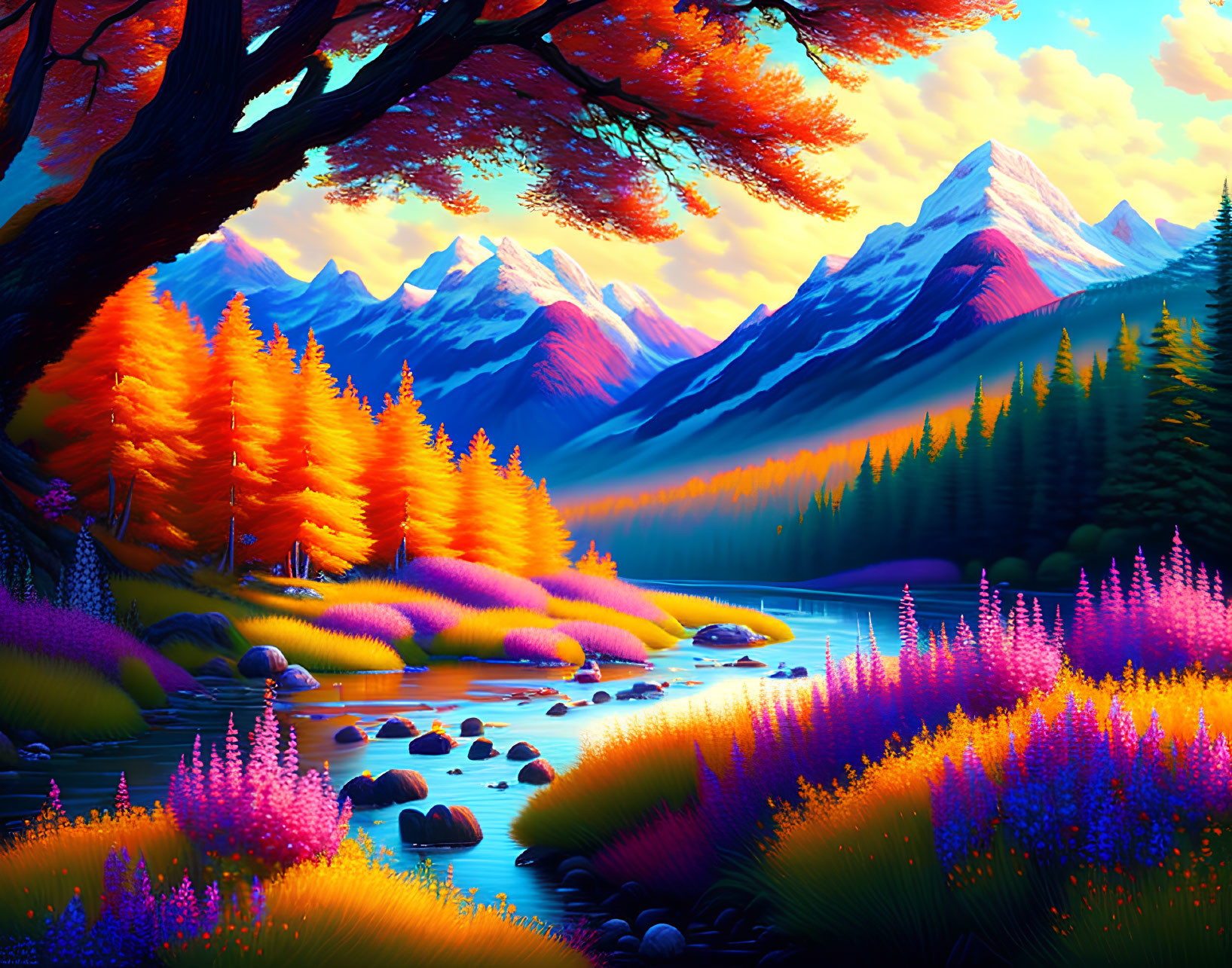 Colorful digital artwork: Serene mountain landscape with autumn trees, alpine peaks, and wildflowers