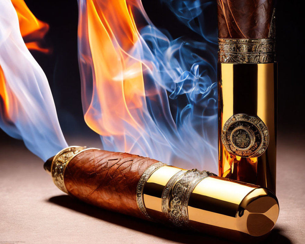 Luxurious Cigar with Golden Bands and Metallic Lighter in Artistic Setting