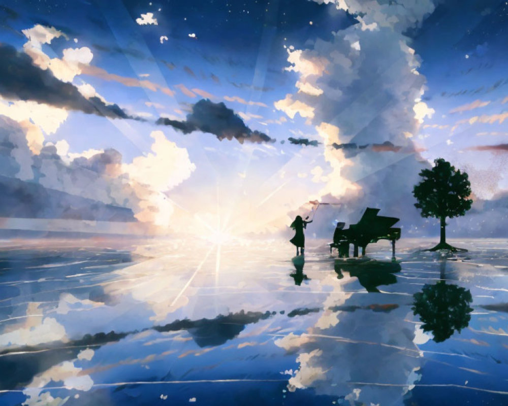 Illustration of pianist and tree reflected on mirrored surface under sunny sky