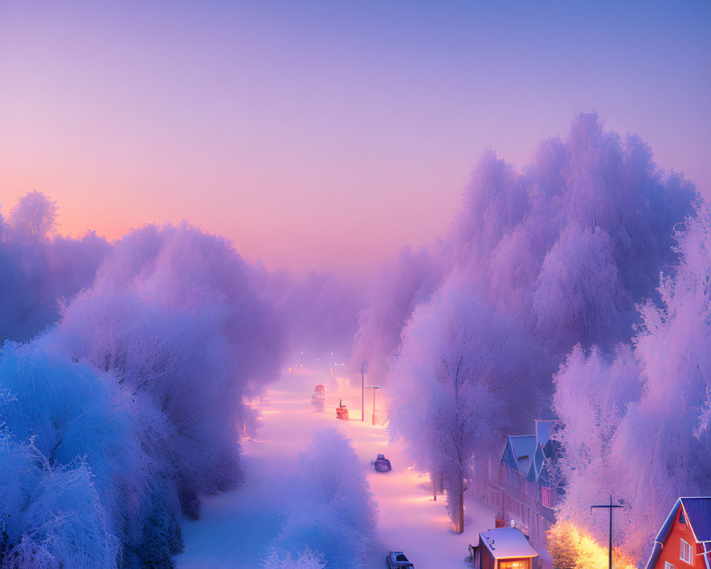 Snow-covered trees and cozy houses in serene winter street scene.