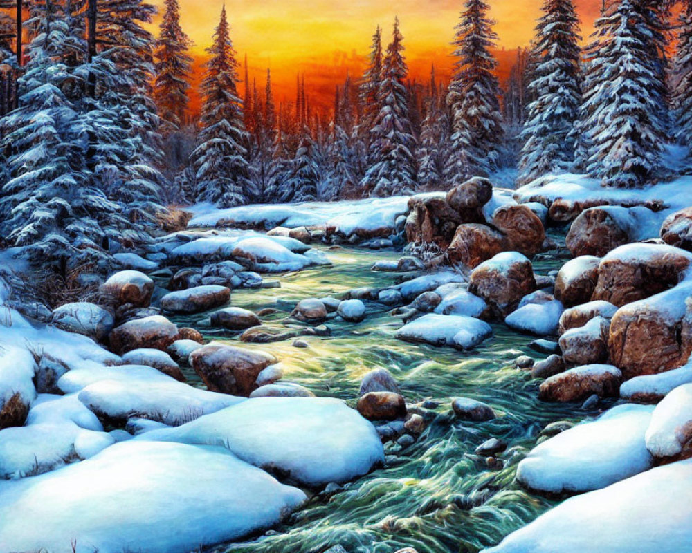 Snow-covered forest and river at sunset in winter landscape