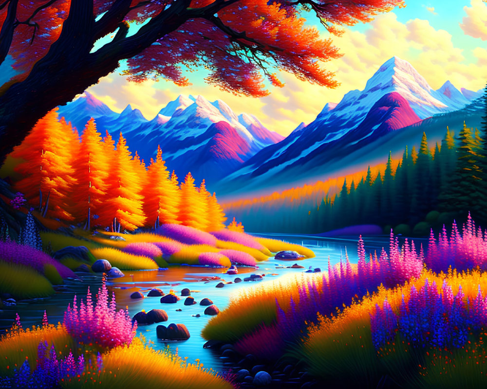 Colorful digital artwork: Serene mountain landscape with autumn trees, alpine peaks, and wildflowers