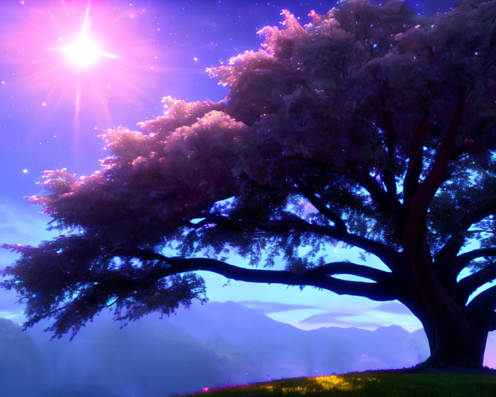 Majestic tree with pink foliage under starry sky and sun, mountains and colorful flora landscape