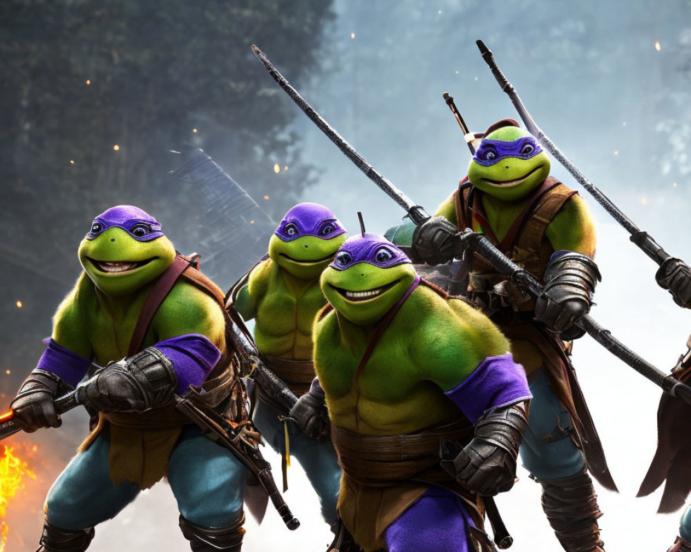 Three ninja turtles with martial weapons in fiery background