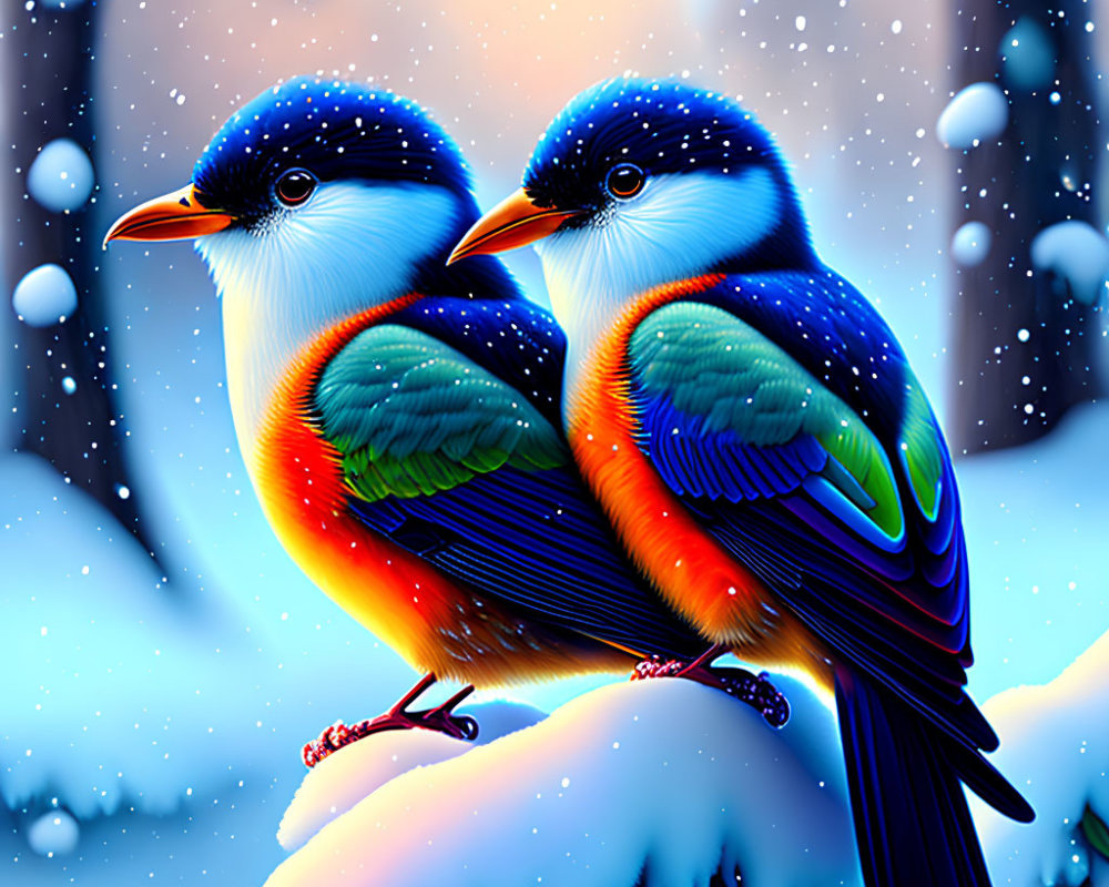 Colorful stylized birds on snow-covered branch with falling snowflakes.