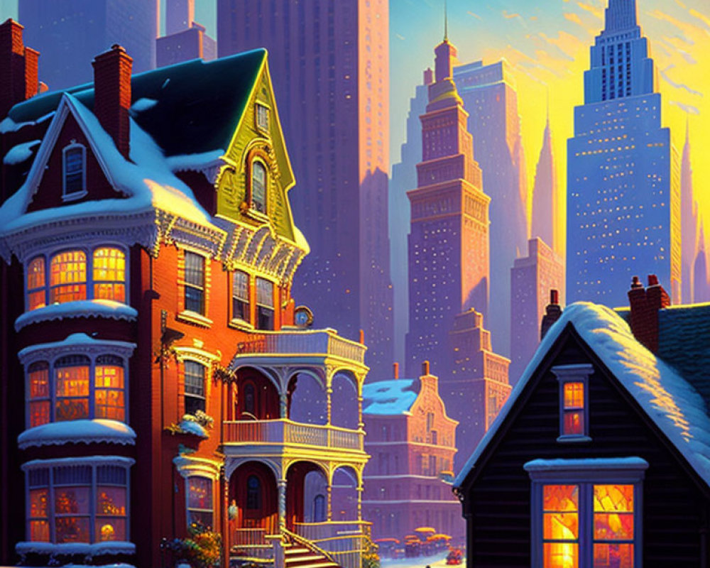 Snow-covered houses at dusk with warm lights against city skyscrapers