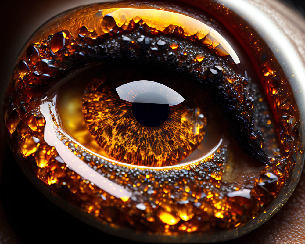 Detailed Amber Iris with Moisture Droplets Reflecting Light