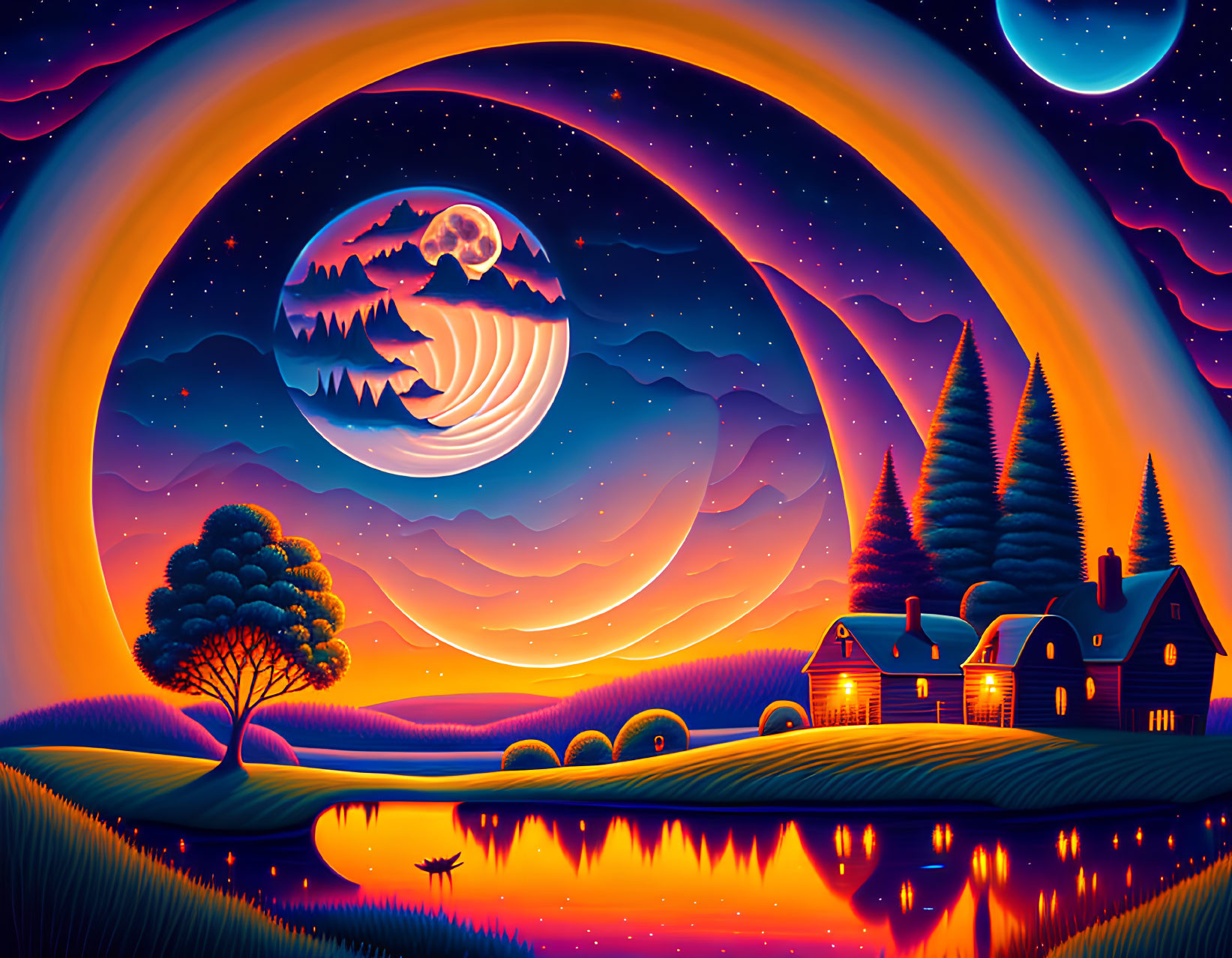 Digital art landscape of moonlit lake and cozy house