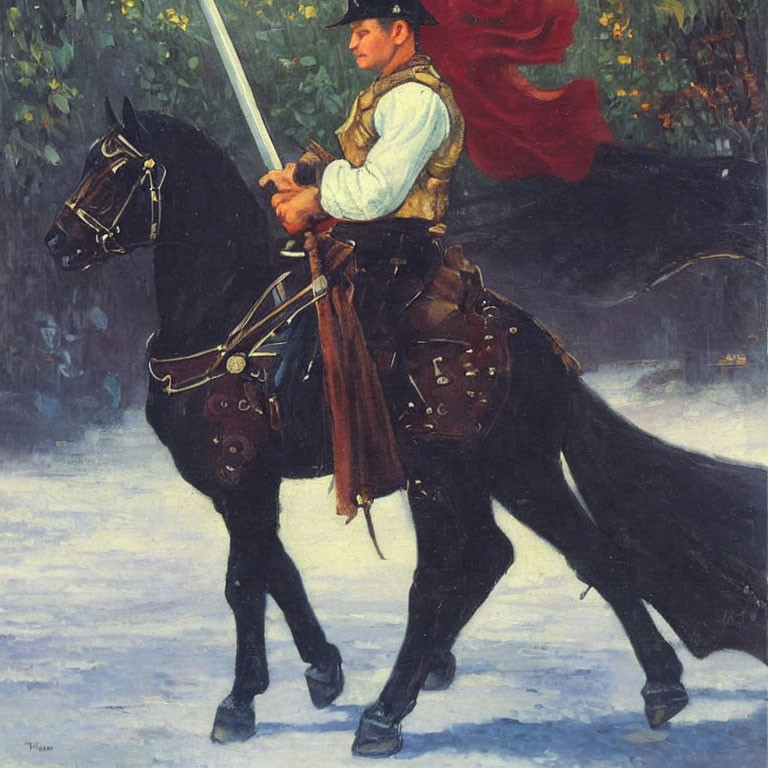 Historical knight in armor on black horse with sword, red cape, snow-covered trees