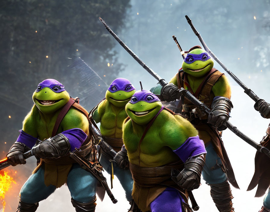 Three ninja turtles with martial weapons in fiery background