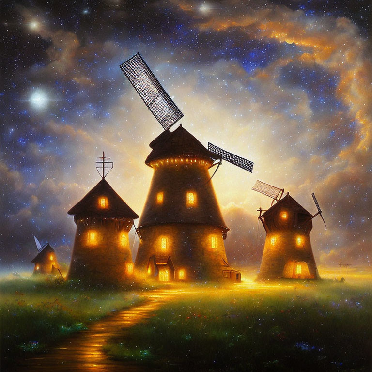 Night scene with illuminated windmills, starry sky, glowing pathway, and flower field