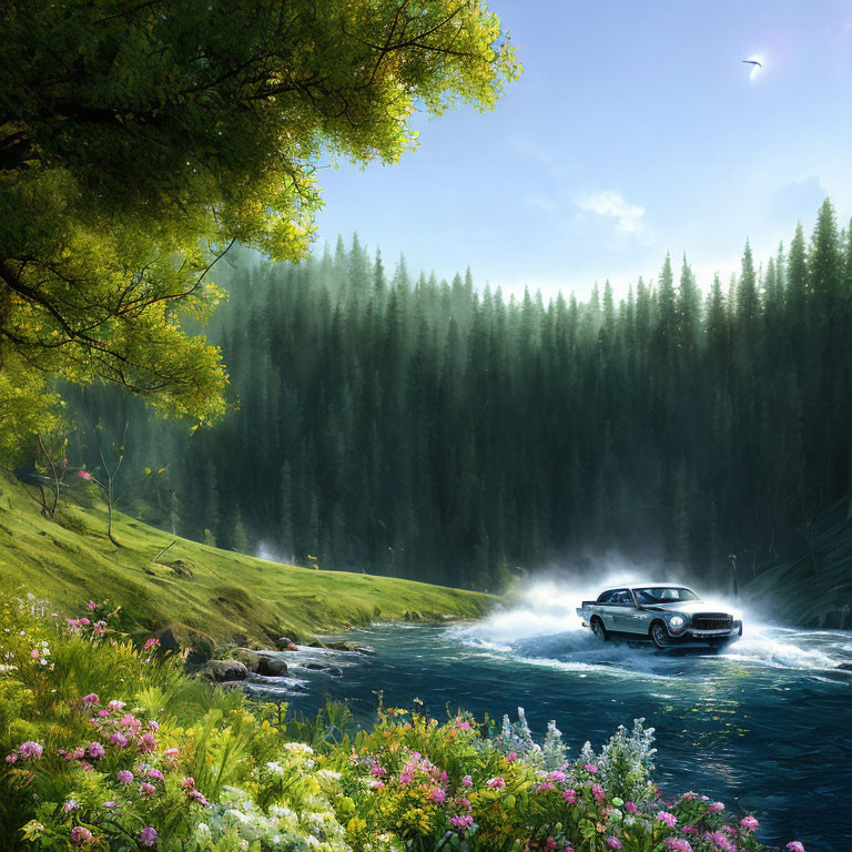 Vintage Car Crossing River in Lush Forest Scene