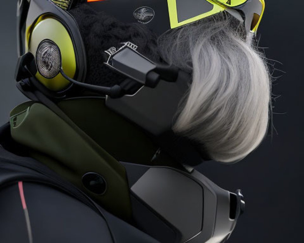 Futuristic person in helmet and armor with yellow visor and headset.