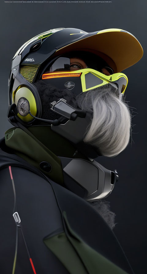 Futuristic person in helmet and armor with yellow visor and headset.