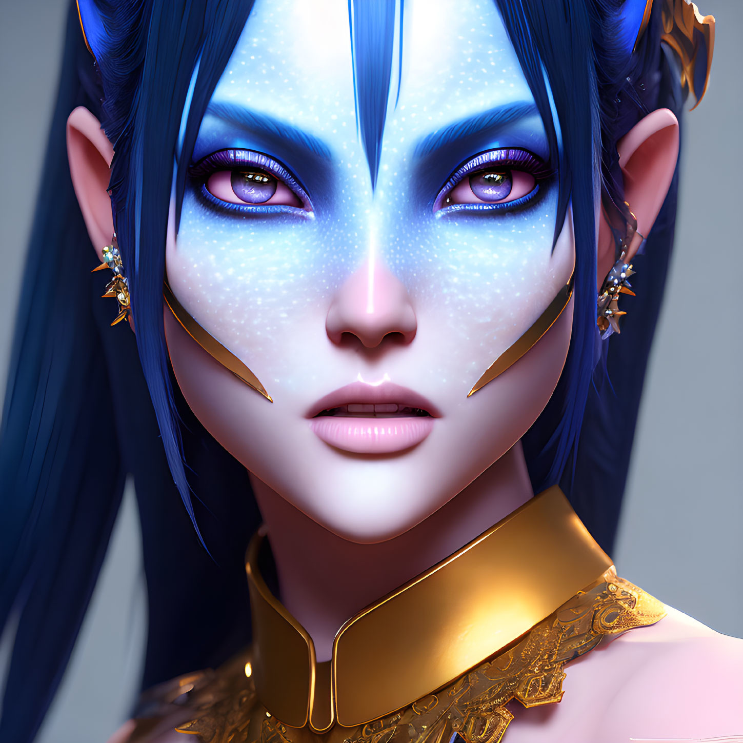 Digital art portrait featuring female character with blue skin, violet eyes, pointed ears, and golden jewelry