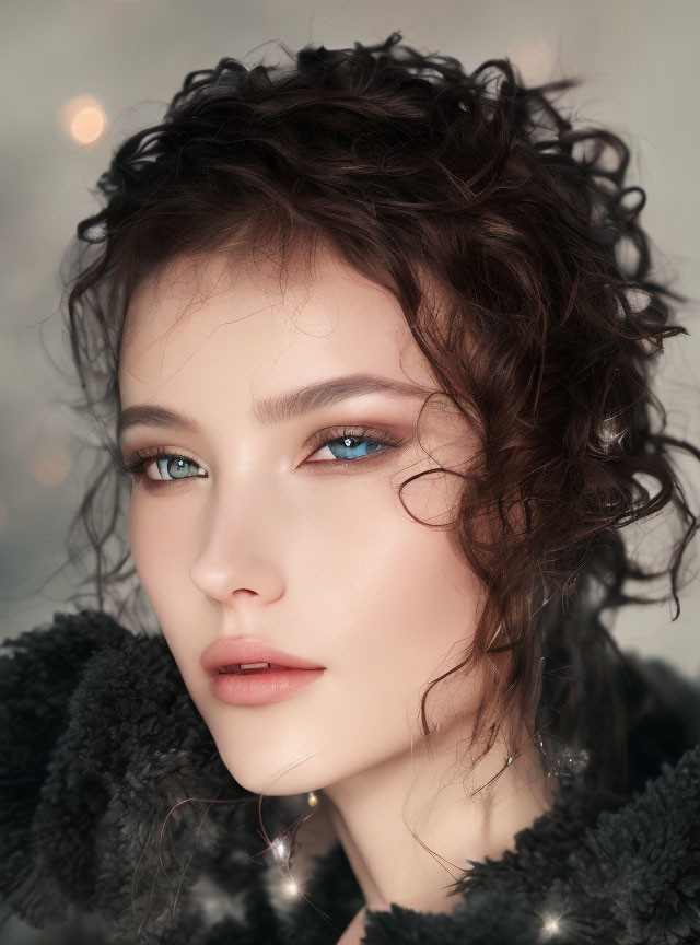 Portrait of person with clear skin, curly hair, and blue eyes against soft-lit background