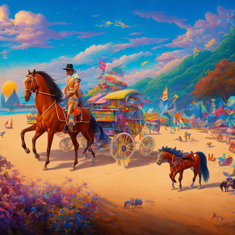 Colorful beach scene with horses and carnival under sunset sky