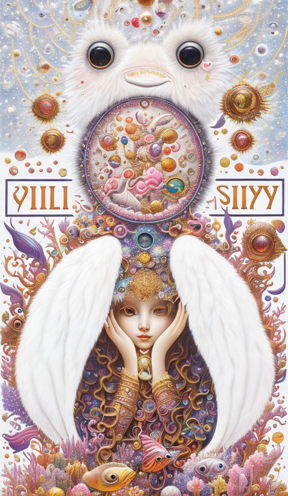 Fantastical artwork with human, animal, and cosmic motifs and surreal elements