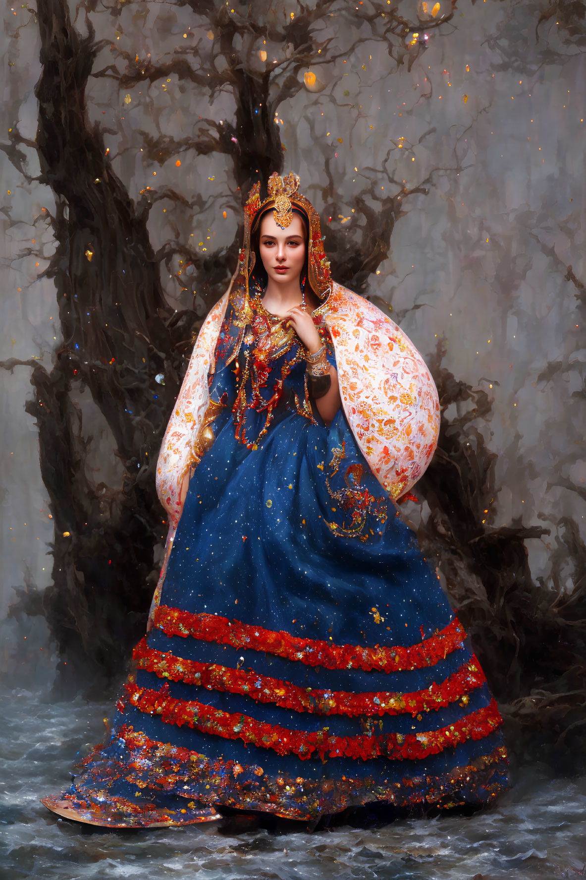 Woman in Blue and Gold Traditional Dress with Elaborate Jewelry Against Misty Tree Backdrop