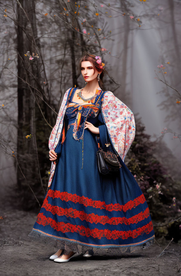 Woman in embroidered dress with red details in misty forest holding purse