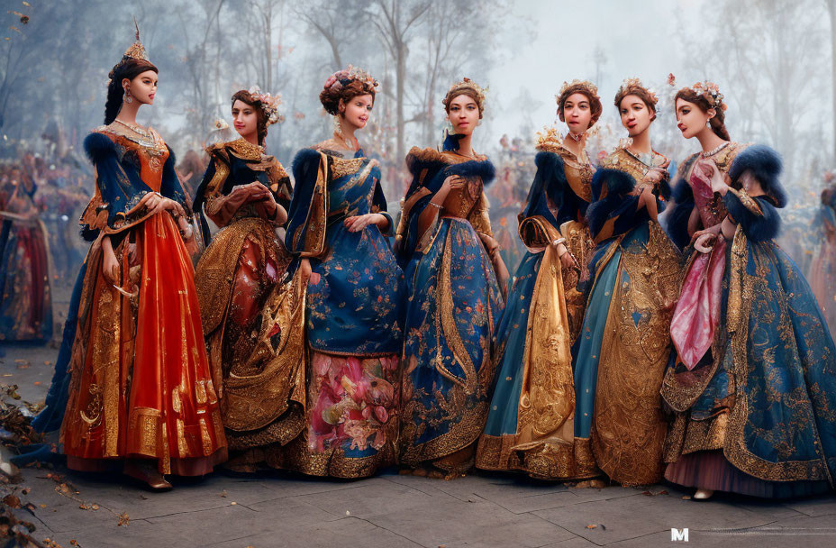 Seven women in ornate European-style dresses in misty forest.