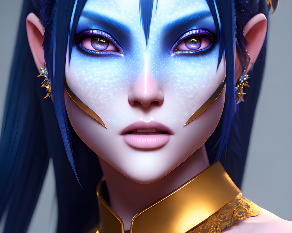 Digital art portrait featuring female character with blue skin, violet eyes, pointed ears, and golden jewelry