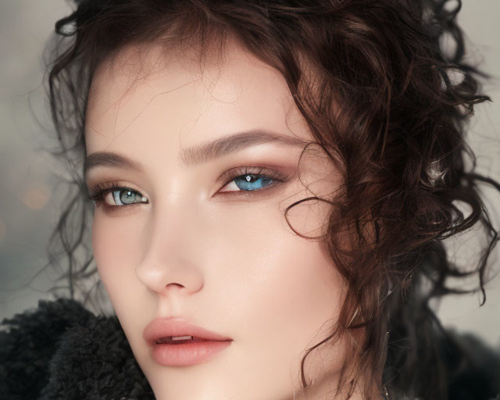 Portrait of person with clear skin, curly hair, and blue eyes against soft-lit background